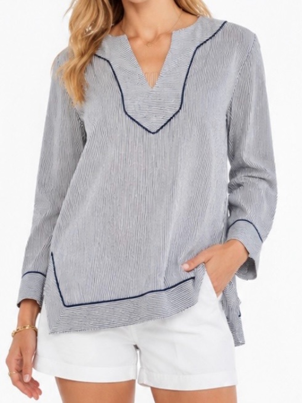 KAYCE HUGHES Coastal Preppy Cotton Striped Tunic Blouse Relaxed Nautical Beach 4